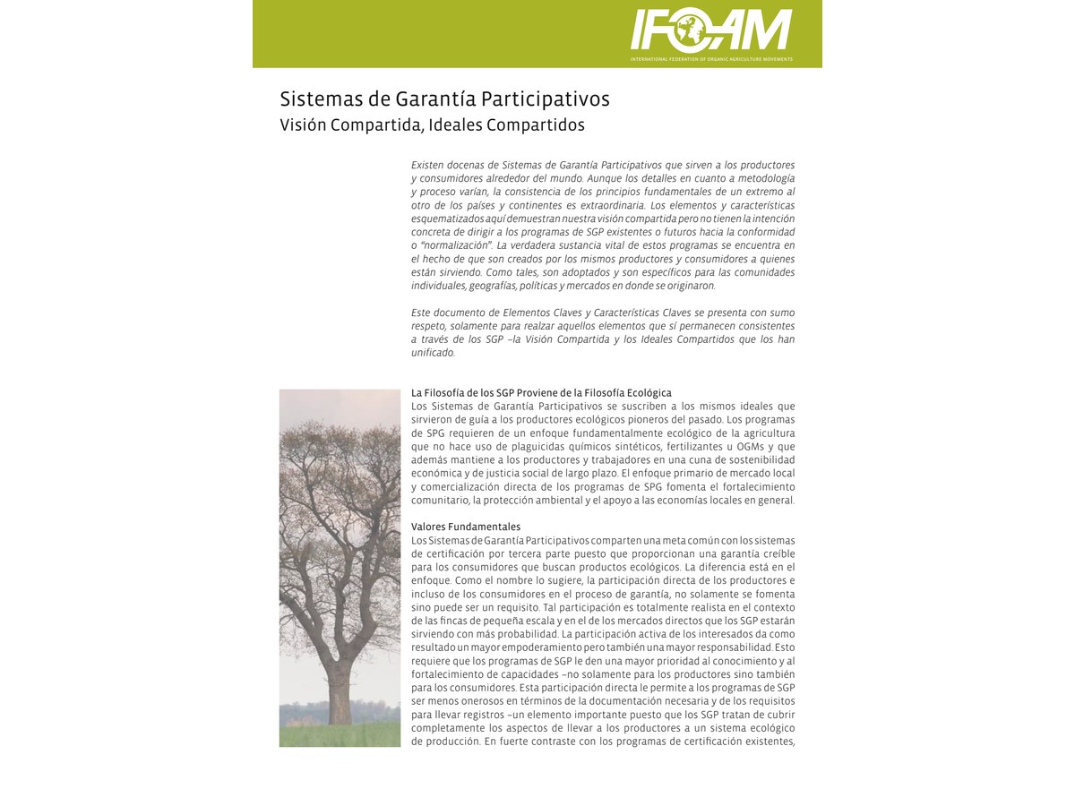 Primera página de Sistemas de Garantía Participativos. Visión compartida, ideales compartidos
