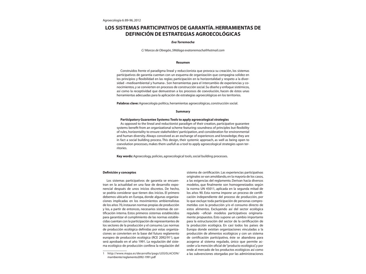 Primera página de Los sistemas participativos de garantía. Herramientas de definición de estrategias agroecológicas