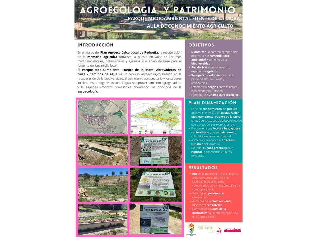 Primera página de Agroecología y patrimonio. Parque medioambiental Fuente de la Mora, aula de conocimiento agriculto.