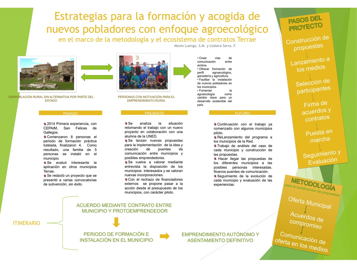 Primera página de Estrategias para la formación y acogida de nuevos pobladores con enfoque agroecológico en el marco de la metodología y el ecosistema de contratos TERRAE.