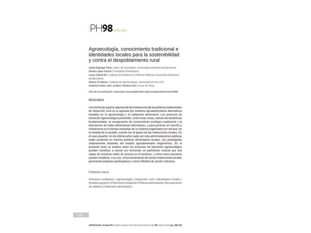 Primera página de Agroecología, conocimiento tradicional e identidades locales para la sostenibilidad y contra el despoblamiento rural