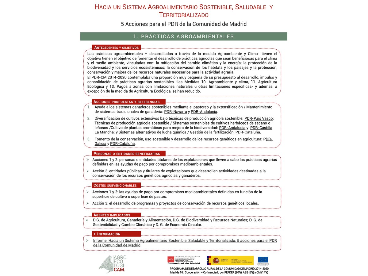 Primera página de Hacia un sistema agroalimentario sostenible, saludable y territorializado: cinco acciones para el PDR de la Comunidad de Madrid. Fichas resumen